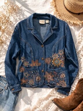 New Identity Blue  Denim Floral Embroidery Fitted Western Jacket